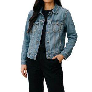 GAP Stretch Retro Jean Jacket Blue Light Wash Denim Flap Chest Pockets Size XL